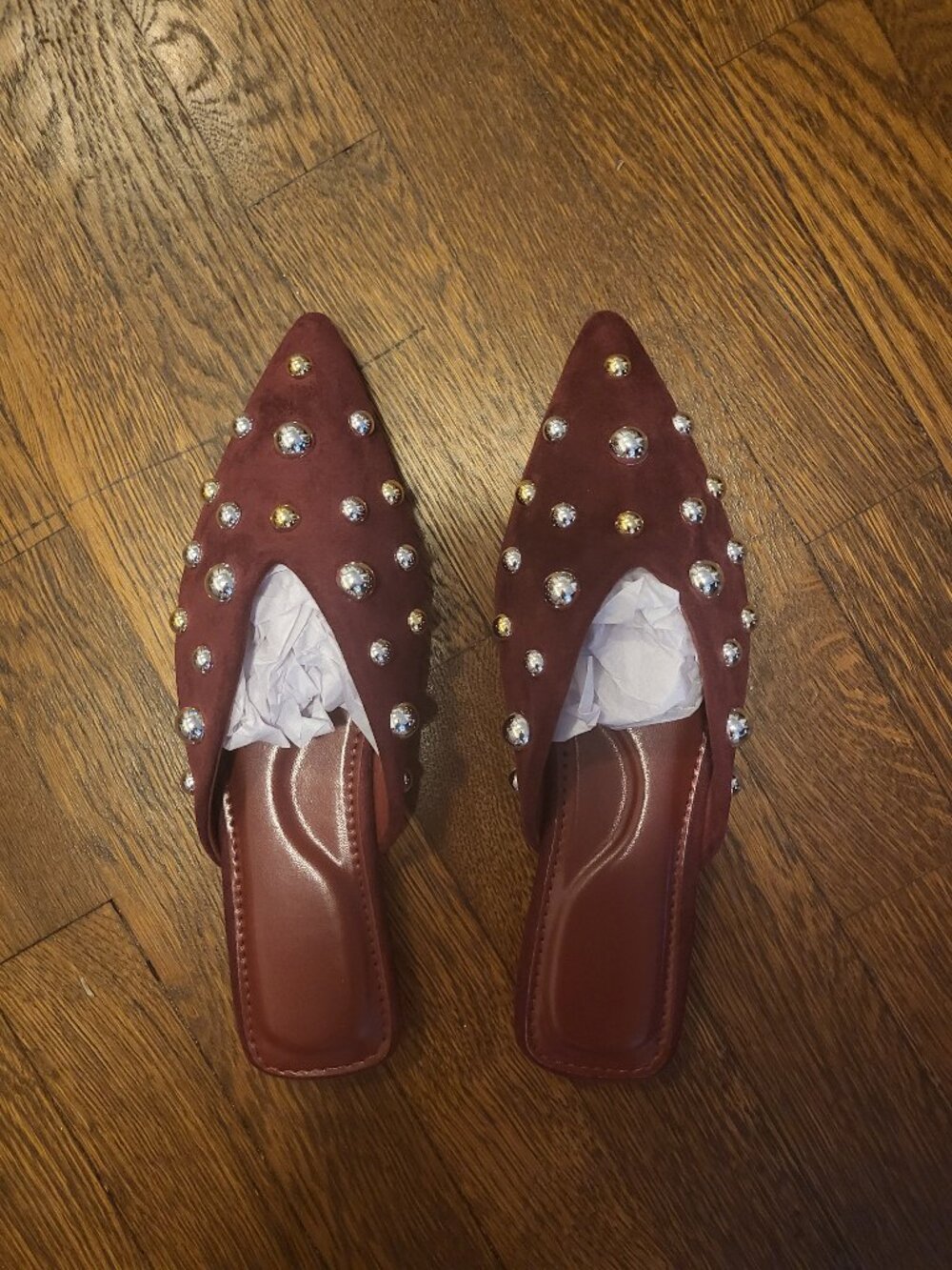 Burgundy gold stud pointed slip-on flats